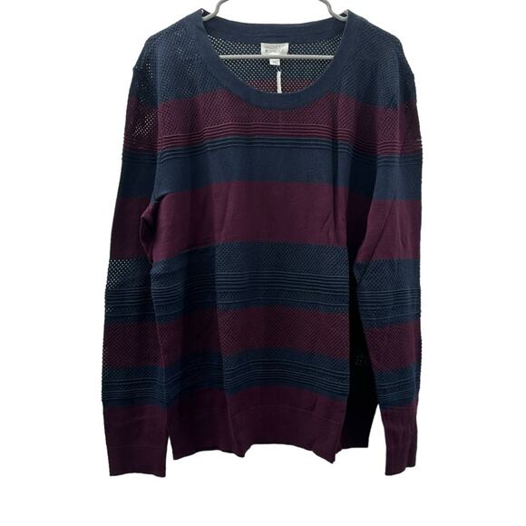 Market & Spruce Burgundy & Navy Striped Colorblock Open Knit Long Sleeve Sweater - Picture 1 of 7